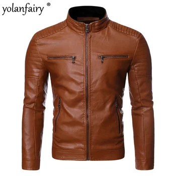 Осенняя кожаная куртка 2024, Мужская одежда, воротник-стойка из искусственной кожи для мужчин, Мотоциклетное мужское пальто большого размера FC