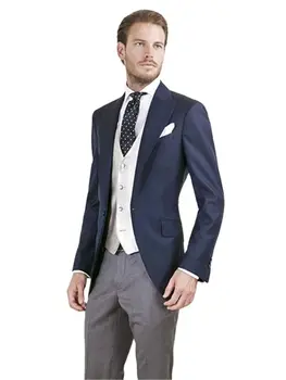 Официальная Темно-синяя куртка из 3шт, сшитая по последнему слову техники, Серые брюки, белый жилет, комплект свадебного мужского костюма, сшитый на заказ, блейзер, брюки, одежда для званого ужина