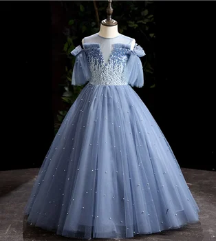 ПЕРЕЛИВАЮЩИЕСЯ серо-голубые платья с длинными рукавами для девочек в цветочек, атласные вечерние платья для концертов, Элегантные банкетные платья для девочек