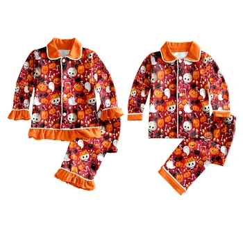 Пижамный комплект на Хэллоуин для мальчиков и девочек, брюки с длинными рукавами и отворотом, пижамный принт в виде милой тыквы, ткань из молочного шелка
