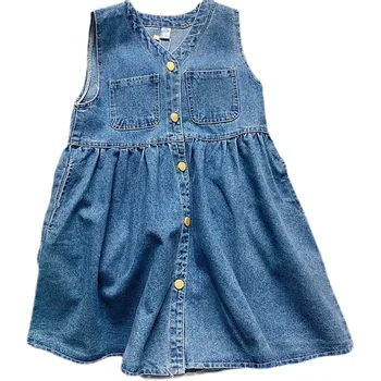 Платье для девочек 2023, летний новый джинсовый сарафан на подтяжках, хлопковое платье-двойка без рукавов с V-образным вырезом