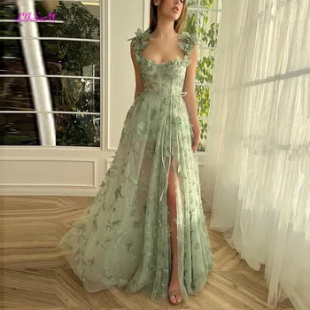Платья для выпускного вечера с 3D бабочкой цвета шалфея, зеленые, с разрезом по бокам, на тонких бретельках, вечерние платья трапециевидной формы, сказочное вечернее платье