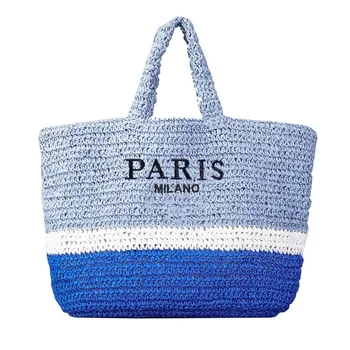 Плетеная соломенная сумка большой емкости, модная синяя сумка-тоут, соломенная женская сумка через плечо