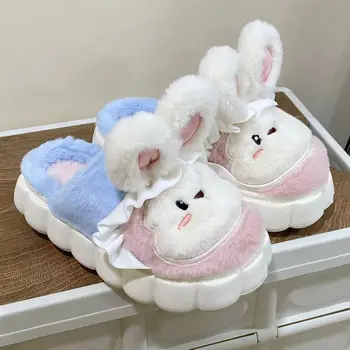 Плюшевая обувь с кроликом, Розовая мягкая домашняя хлопковая обувь с заячьими ушками, противоскользящие тапочки для женщин, теплые пушистые тапочки для девочек