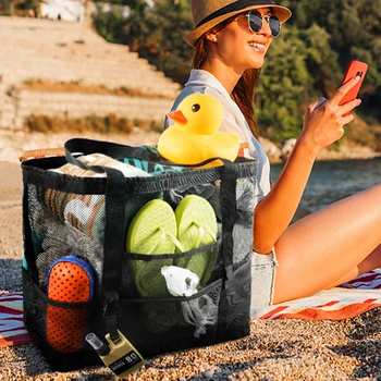 Пляжная сумка с сеткой на молнии, модная повседневная сумка для покупок, 40Л большой емкости с 8 карманами, пляжная сумка для отдыха на открытом воздухе