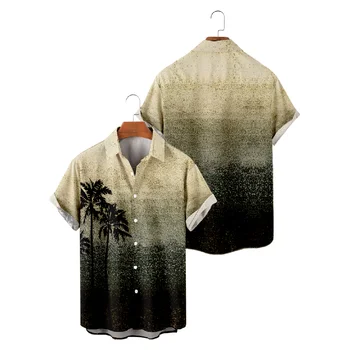 Повседневные рубашки для мужчин с градиентным зернистым дизайном, рубашки с принтом кокосовой пальмы, Летние топы для пляжного отдыха с коротким рукавом, Дышащие