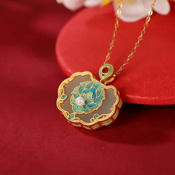Подвеска из натурального Хотанского нефрита с жемчугом, вдохновленная классическим эмалевым ожерельем в виде цветка лотоса с замком Руи, для женщин, ювелирные украшения на ключицах