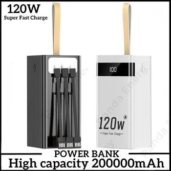Портативное зарядное устройство мощностью 120 Вт 200000 мАч, светодиод с фонариком, цифровой дисплей, внешний аккумулятор Powerbank емкостью 200000 мАч для iPhone Xiaomi