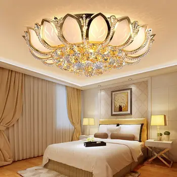 Потолочный светильник с кристаллами золотого лотоса в европейском стиле, круглая атмосферная лампа для гостиной, светодиодное подвесное освещение для спальни.