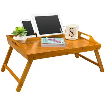 Прикроватный поднос / столик для завтрака с держателем телефона / планшета - натуральный бамбук (подходит для планшета с диагональю до 12,9 дюйма / ноутбука с диагональю 17,3 дюйма)