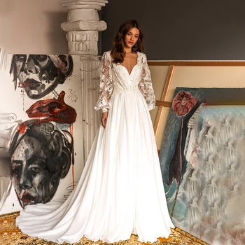 Простые свадебные платья трапециевидной формы с V-образным вырезом, длинные пышные рукава, кружевные аппликации, свадебные платья Robe De Mariée на заказ