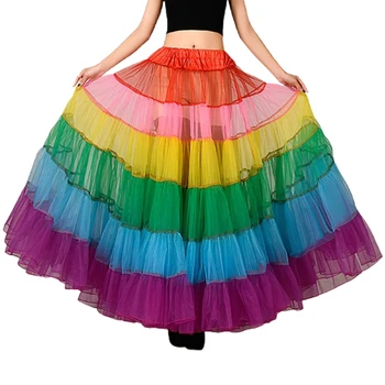 Разноцветная радужная юбка-пачка трапециевидной формы, плиссированная нижняя юбка из сетки длиной до пола