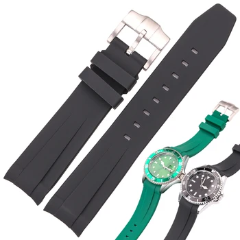 резиновый ремешок с загнутым концом 20 мм для часов Rolex Submariner Ремешок для часов Мягкий силиконовый Черный Зеленый Синий браслет для дайвинга на запястье