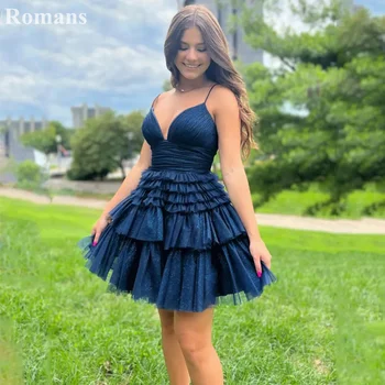 Римские темно-синие платья для встречи выпускников для девочек на тонких бретельках, без рукавов, с открытой спиной, в многоуровневую складку, праздничные платья для особых случаев