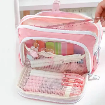 Розовая эстетичная сумка для карандашей для девочек, школьные кейсы большой емкости, сумка для карандашей на молнии, Милый Корейский держатель для канцелярских принадлежностей, сумка для школьных принадлежностей