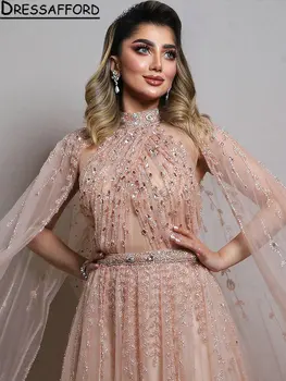 Розовые бриллианты, расшитые бисером, открытое вечернее платье из Дубая трапециевидной формы с высоким вырезом и лентами, вечернее платье из Саудовской Аравии