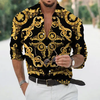 Роскошные Гавайские рубашки, Рубашки С Золотым Принтом, 3d Модная Мужская Рубашка С Длинным Рукавом, Летняя Пляжная Блузка, Мужская Одежда