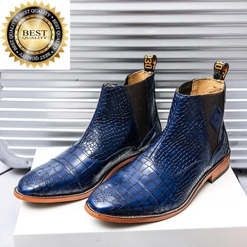 Роскошные Классические мужские кожаные ботинки Челси с высоким берцем Банкетные модельные туфли Формальные Короткие Синие