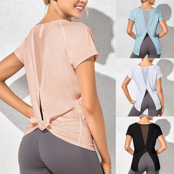 Рубашка для йоги, женская свободная футболка с длинным рукавом, спортивная толстовка с сетчатой спинкой, раздельный топ для йоги, спортивная одежда для тренировок, женская футболка для фитнеса