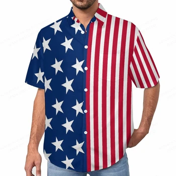 Рубашки с американским флагом, рубашка с 3D принтом в полоску, Мужская пляжная блузка, Мужские рубашки с отворотом 