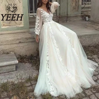 Свадебное платье YEEH С кружевными аппликациями, Элегантное свадебное платье с открытой спиной, Длинные пышные рукава, Vestido De Noiva длиной до пола для невесты