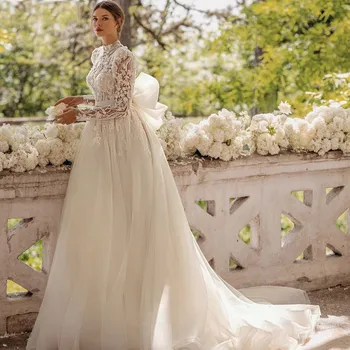 Свадебное платье Принцессы для женщин 2023, Свадебное платье из Органзы, Элегантные Длинные рукава, Кружевная аппликация, пояс-бант, Vestidos De Novia
