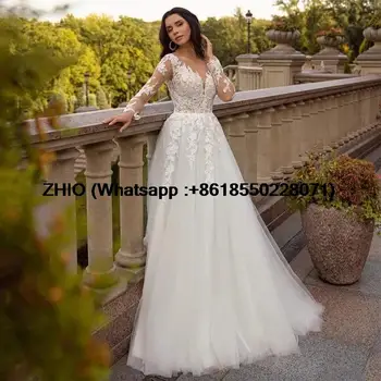 Свадебное платье трапециевидной формы с длинным рукавом и кружевными аппликациями на корсете 2023 Для женщин, летнее платье невесты с V-образным вырезом