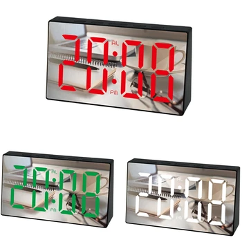 Светодиодный зеркальный будильник, Цифровые настольные часы с повтором, световой индикатор пробуждения, отображение температуры, часы для украшения дома