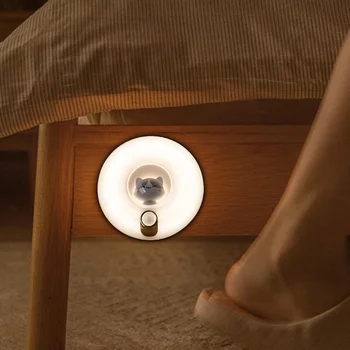 Светодиодный ночник с датчиком движения Cute Cat, перезаряжаемый через USB, настенный светильник для гардероба, настольный инфракрасный датчик для спальни, ночник