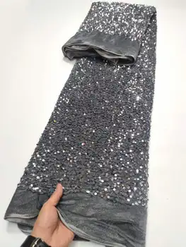 Серый французский бархат Кружевная ткань с блестками 2023 Высококачественная кружевная ткань из Нигерийского Африканского тюля Бархатная кружевная ткань для вечернего платья