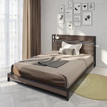 Современный дизайн в стиле минимализм, кровать на платформе со встроенной розеткой, прочная конструкция, быстрая сборка, удобная для спальни