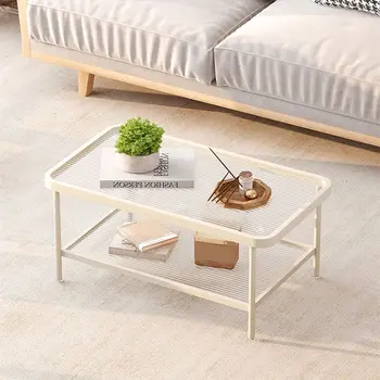 Современный простой журнальный столик в скандинавском стиле Ins, домашняя стеклянная поверхность, имитация плетения из ротанга, Прямоугольный 2-слойный письменный стол в гостиной
