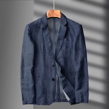 Темно-синий льняной блейзер, мужской летний повседневный костюм, одинарный пиджак черного цвета, новинка 2023 года, весенне-осенний деловой костюм