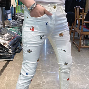 Удобные джинсовые мужские весенние леггинсы Slim Fit, модный Корейский тренд высокого качества, Красочный узор, вышивка Erkek Pantolon