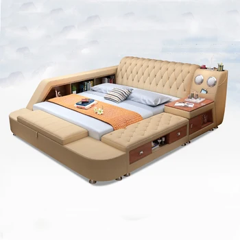 Ультрасовременная умная кровать Linlamlim с массажем, динамиком и сейфом из натуральной кожи, многофункциональные кровати-татами, мебель для спальни