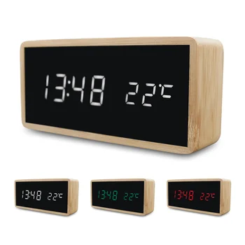Умный оригинальный бамбуковый деревянный будильник со светодиодным дисплеем с зеркальной температурой, цифровые часы для рабочего стола, цифровые настольные часы