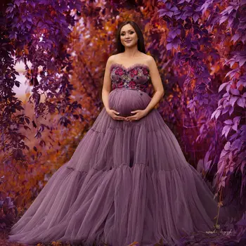 Фиолетовые халаты для беременных трапециевидной формы для фотосессии, платья для беременных без рукавов из тюля, платья для душа для новорожденных длиной до пола