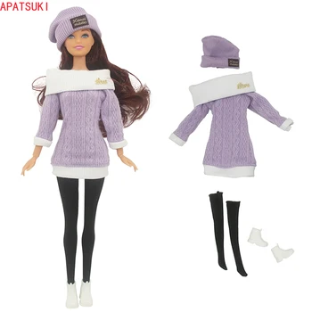 Фиолетовый Чистый свитер ручной вязки, топы, платья, Чулки, Обувь, Шляпа для куклы Барби, Одежда, Подарки для девочек, Детские игрушки