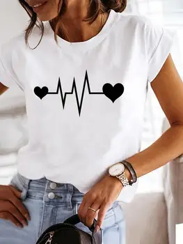 Футболка с коротким рукавом и принтом, одежда, футболка, женская футболка с графическим сердцебиением, Милая летняя одежда 90-х, модный женский топ
