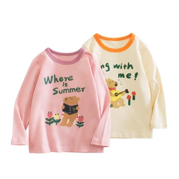 Хлопковая футболка для девочек от 2 до 8 лет, футболка для малышей, осенне-зимняя одежда, базовый топ, детская футболка с рисунком Медведя с длинным рукавом, наряд для младенцев
