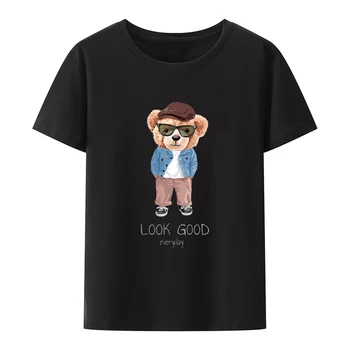 Хорошо смотрится слоган с игрушечным мишкой Хлопковая футболка Мужская женская с коротким рукавом Популярная уличная одежда для готических хипстеров Удобная повседневная рубашка