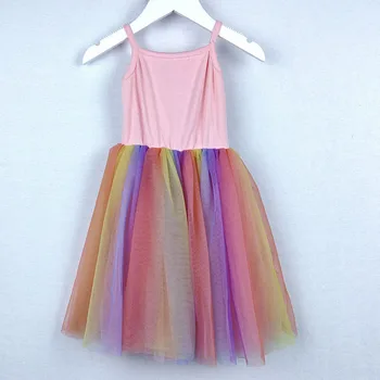 Цветастое платье принцессы для девочек, пушистые платья в рубчик, разноцветная майка с радужным градиентом, детское платье, детская одежда