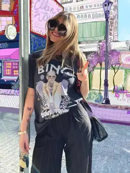 Черные хлопчатобумажные футболки в стиле бохо, женские эстетичные футболки с коротким рукавом, футболки с винтажным рисунком в стиле рок, женские летние топы