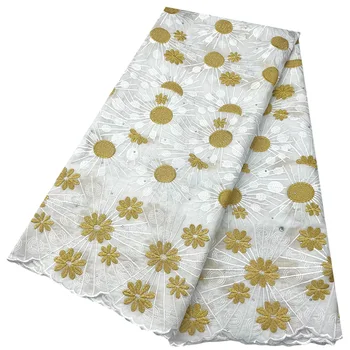 Швейцарская кружевная ткань с белой + золотой вышивкой, Африканская кружевная ткань, Швейцарская вуаль, 2,5 ярда Африканской 100% хлопчатобумажной ткани для вечернего платья