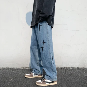 Широкие брюки-карго в стиле хип-хоп, уличная одежда, Мешковатые Мужские джинсы, Весна-осень, мужская Корейская мода, Свободная Прямая Мужская брендовая одежда