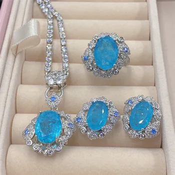 Ювелирные наборы из стерлингового серебра 925 пробы с турмалином Paraiba, женские модные Элегантные обручальные кольца, ожерелье, серьги, банкетные модные украшения