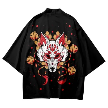 Японская Традиционная одежда, брюки-кимоно с Лисьим принтом, Мужские Ретро-юката, Азиатский модный костюм эпохи Тан, куртка-юката Харадзюку Ханфу