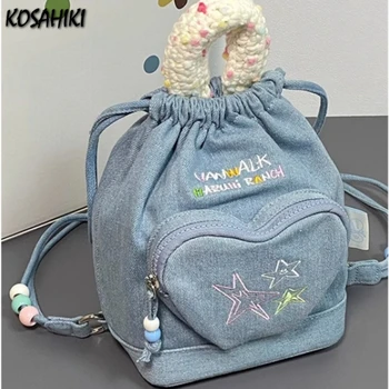 Японские школьные сумки для девочек, милые каваи, Женские сумки Y2k с эстетической вышивкой, Корейские рюкзаки с сердечками на шнурках.