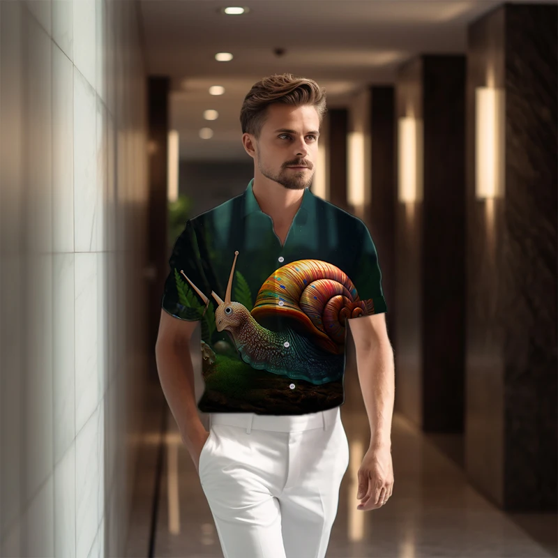 Популярная мужская повседневная рубашка с коротким рукавом, летняя свободная удобная рубашка с 3D-принтом улитки, рубашка с коротким рукавом, рубашка для вечеринки в офисе 0