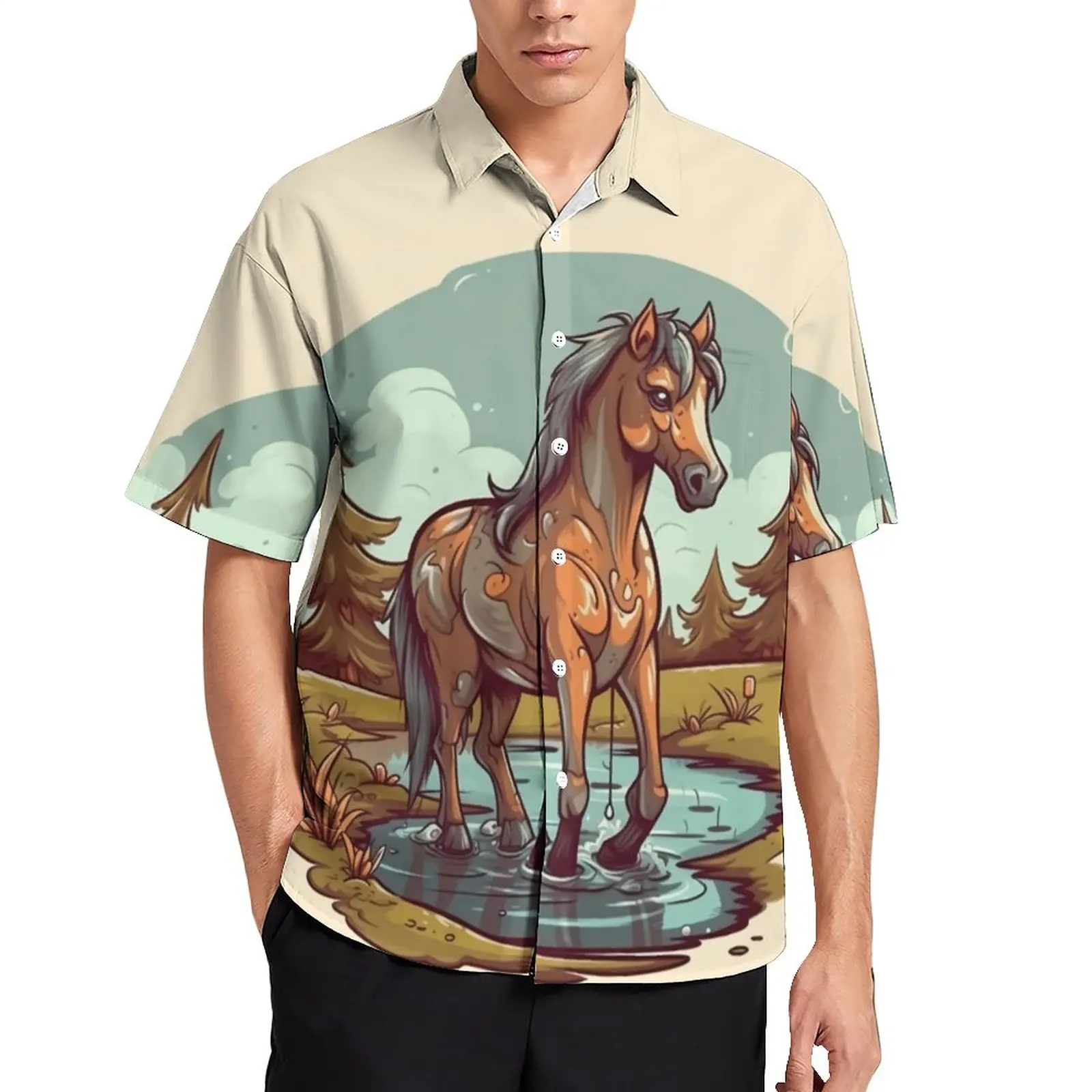 Рубашка для отдыха с лошадьми, Гавайи в стиле мультяшной природы, повседневные рубашки, мужские ретро-блузки, графическая одежда с коротким рукавом, плюс размер 4XL 0